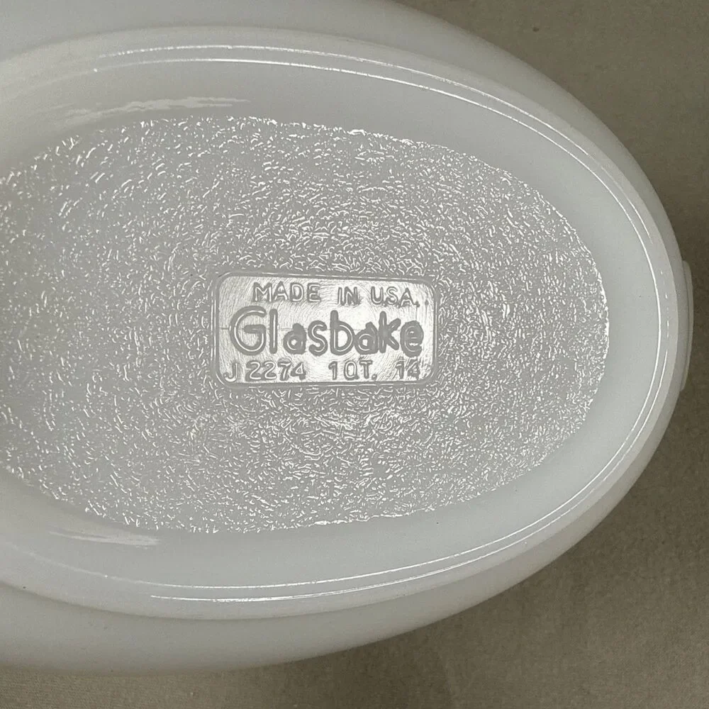 Vintage Glasbake J2274 1QT Casserole Dish Gold White Milk Glass Oval Small Nicks
